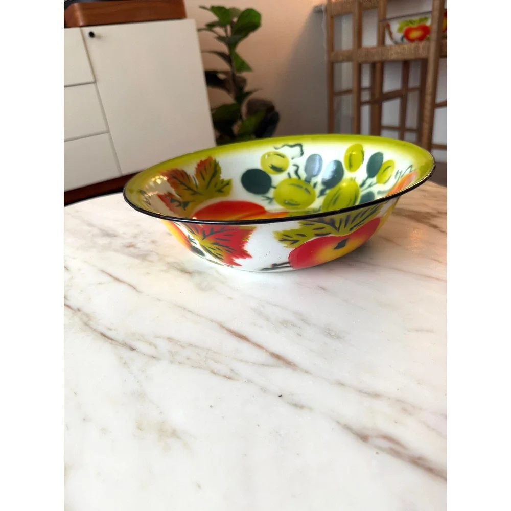 Vintage Mid Century Enamelware Bowl Fall Decor Pumpkin Tomato 12